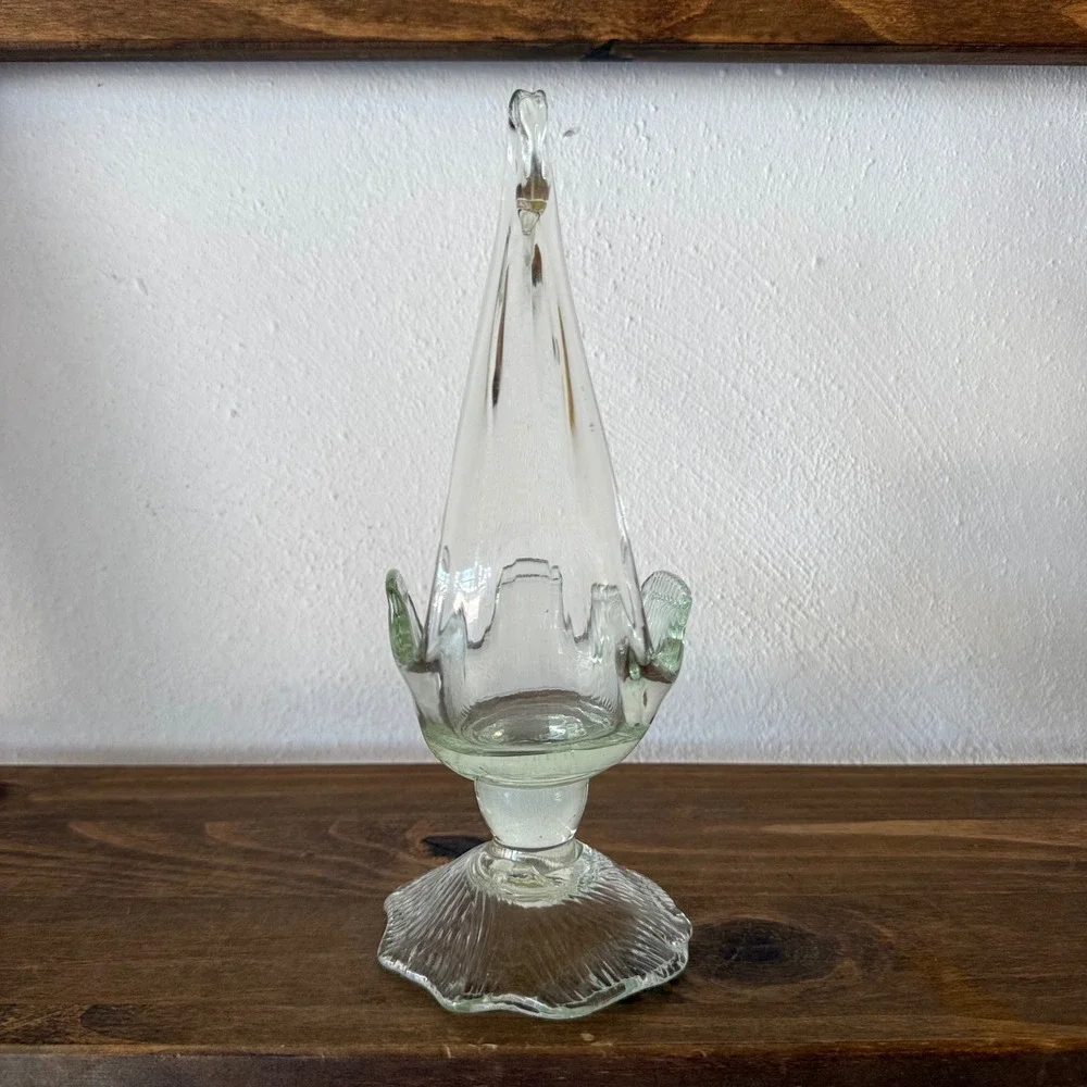 Vintage Hand Blown Art Glass Swan Pedestal Bowl Pale Green Tint Ribbed